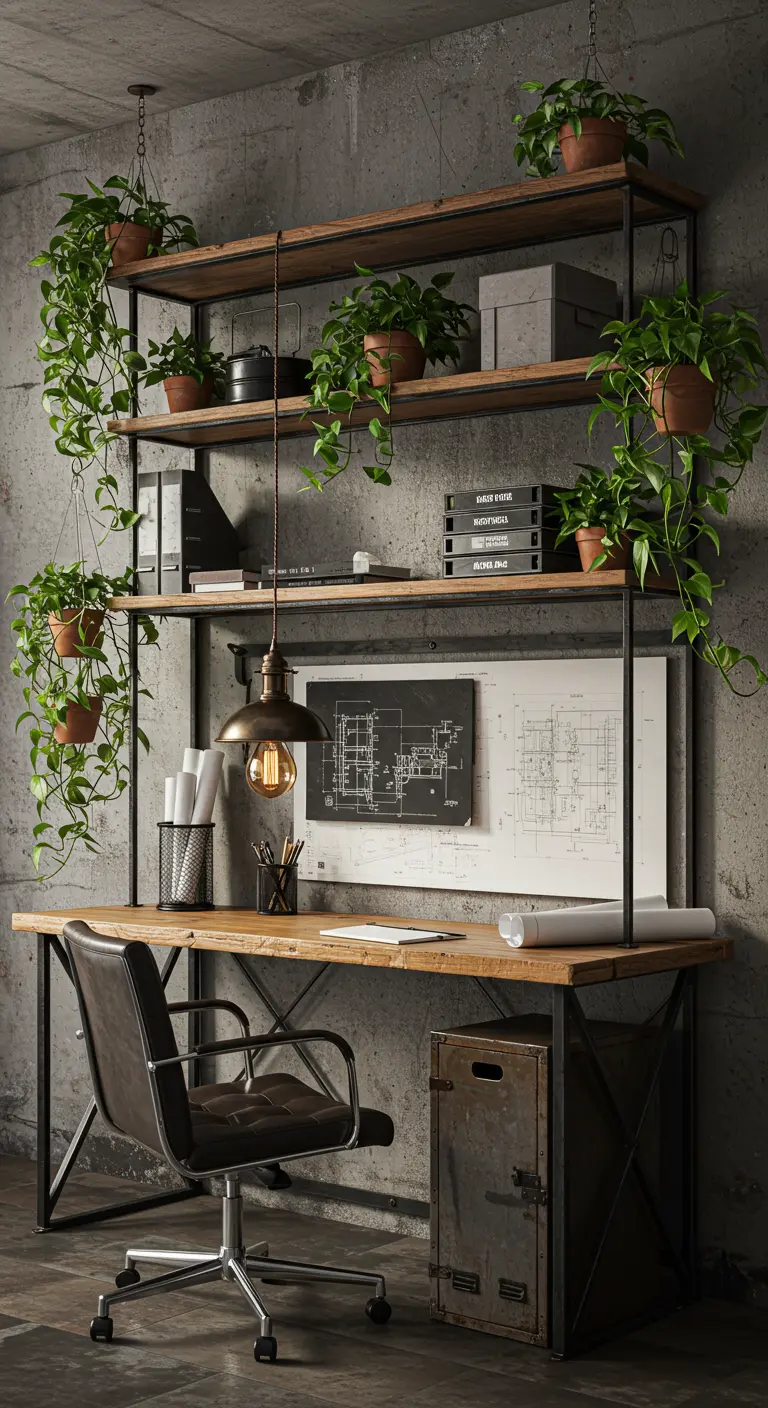 Escritorio de estilo industrial con estanterías de metal y madera, y plantas colgando.