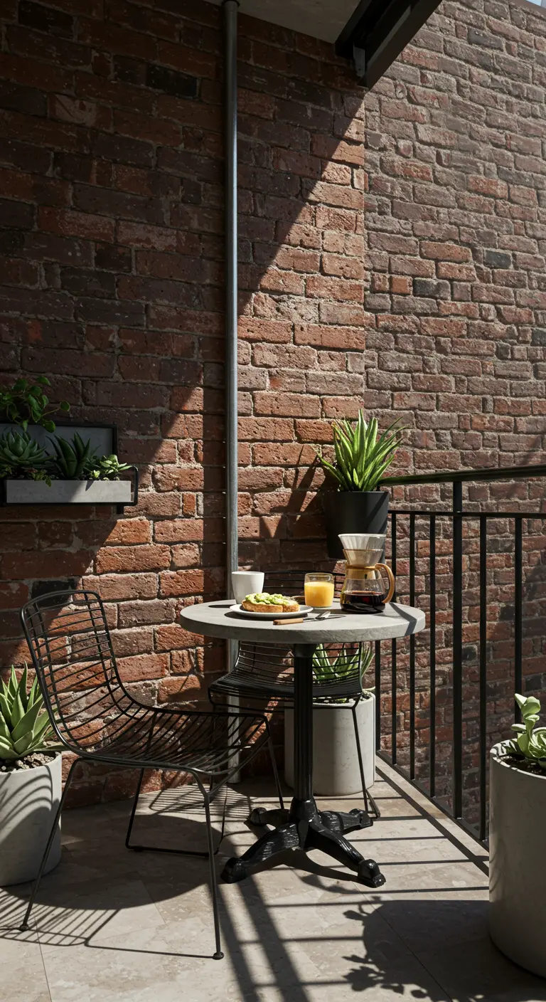 Balcón industrial con pared de ladrillo, mesa de bistró y sillas de metal negro.