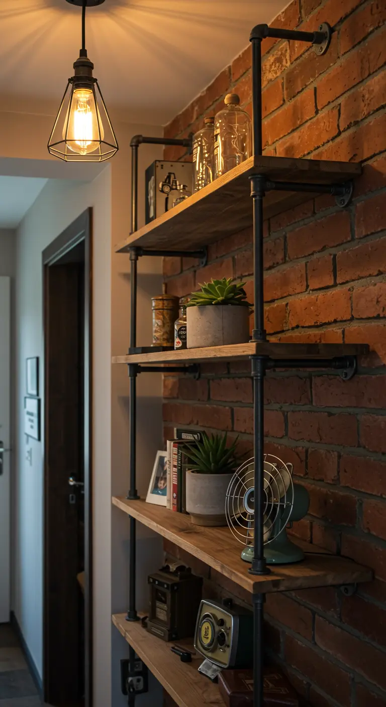 Estantería de estilo industrial con tuberías negras y baldas de madera sobre una pared de ladrillo.