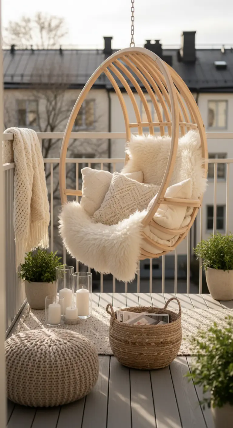 Sillón colgante de madera clara en un balcón de estilo escandinavo con textiles blancos y velas
