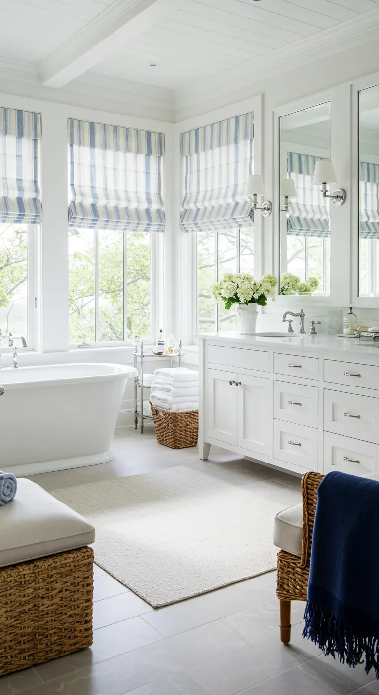 Baño luminoso con grandes ventanas vestidas con estores romanos a rayas azules y blancas
