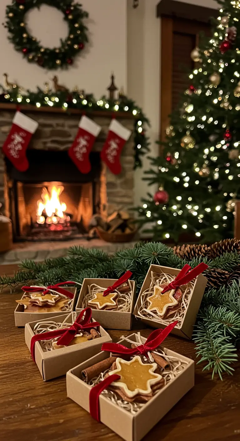 Galletas de jengibre en forma de estrella empaquetadas en cajitas de cartón.
