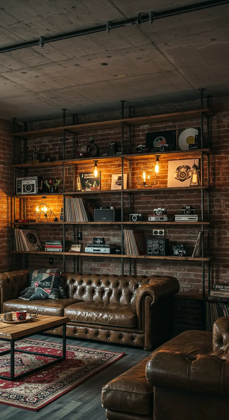 Salón de estilo industrial con una gran estantería de metal y madera hasta el techo.