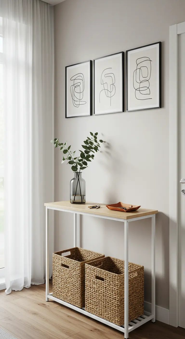 Consola de entrada minimalista con cestas de mimbre y un trío de cuadros de arte lineal.