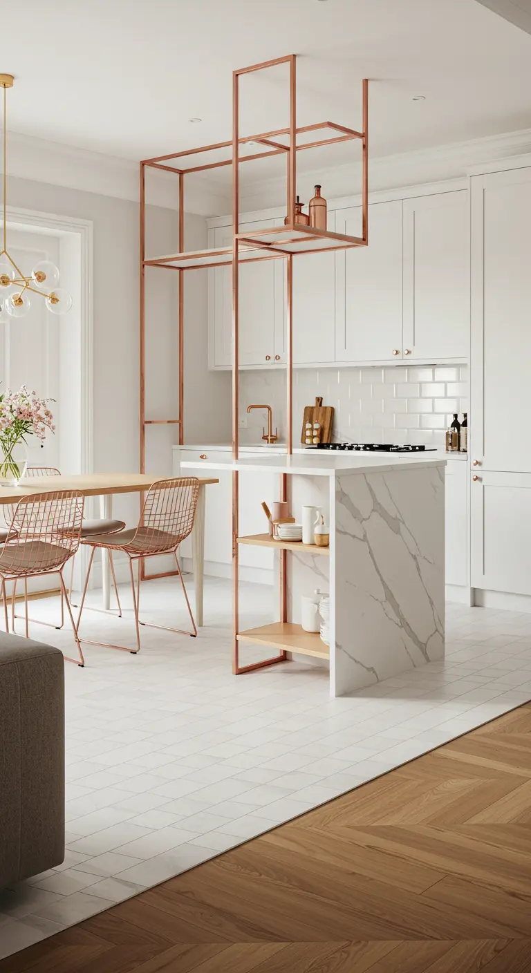Estructura de estantería de cobre sobre una isla de mármol en una cocina de planta abierta