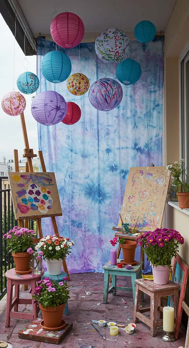 Balcón artístico con un fondo tie-dye, farolillos de papel de colores, caballetes y flores.