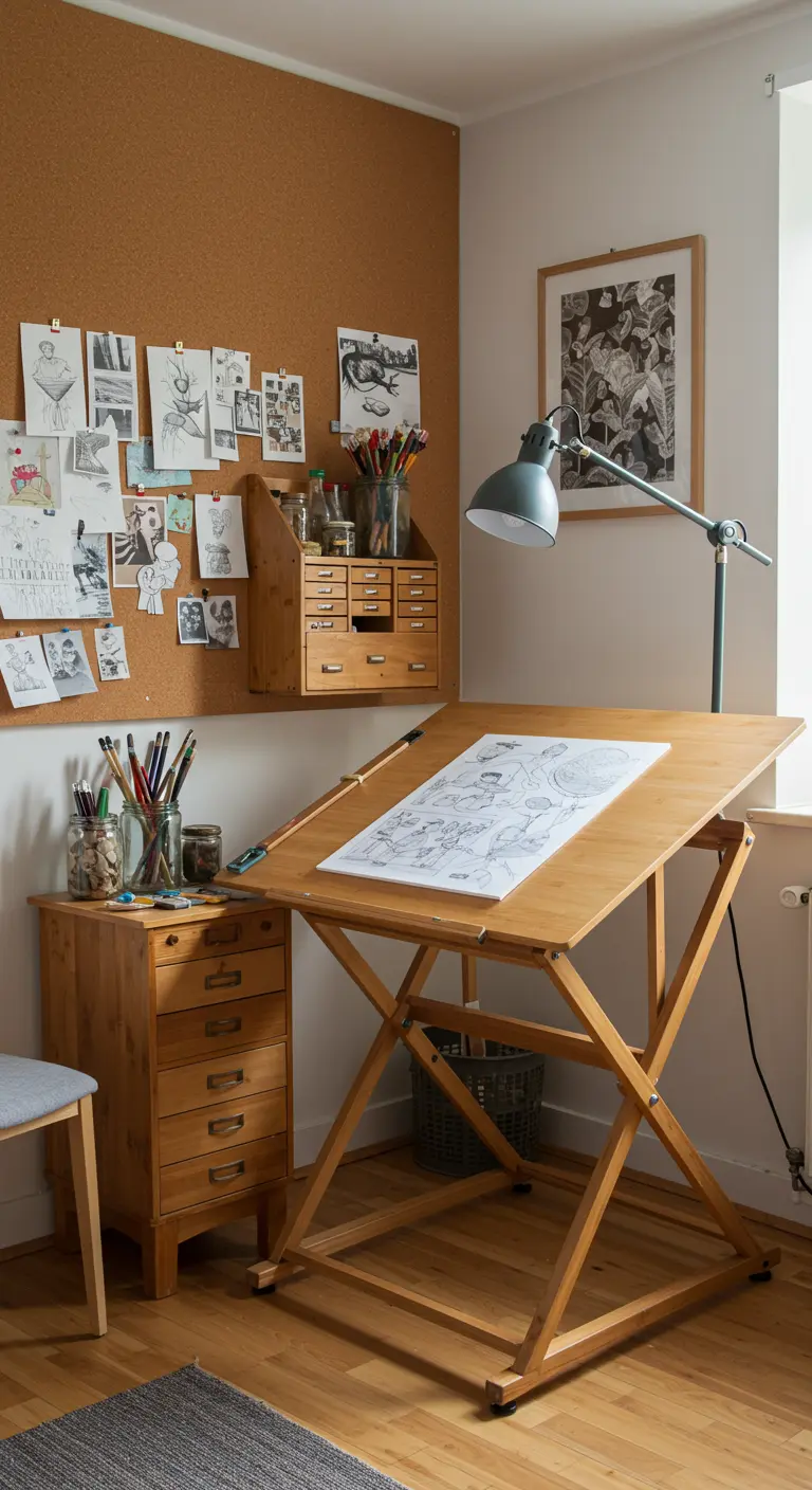 Rincón de artista con mesa de dibujo de bambú, pared de corcho y materiales organizados.