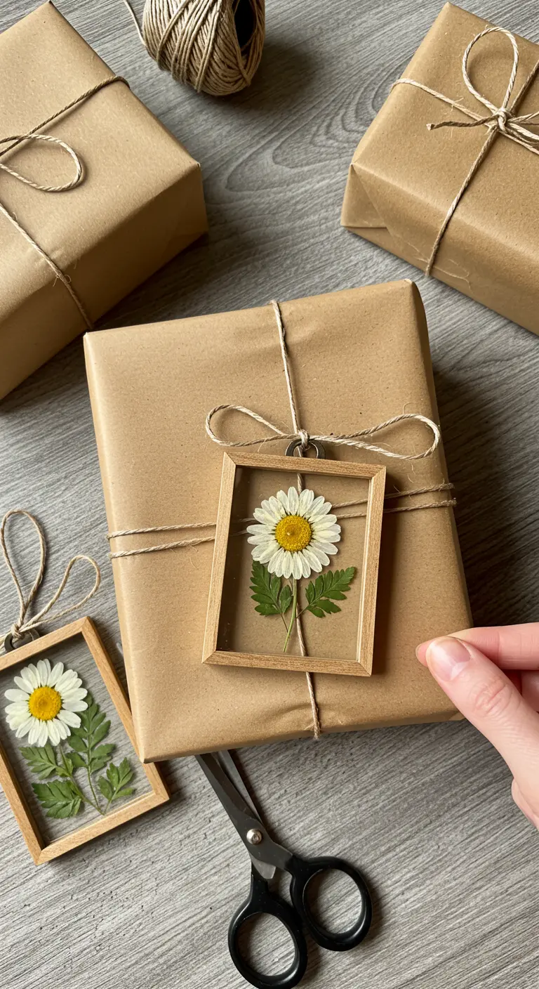 Regalo envuelto en papel kraft con una etiqueta que es un mini marco con una margarita prensada.