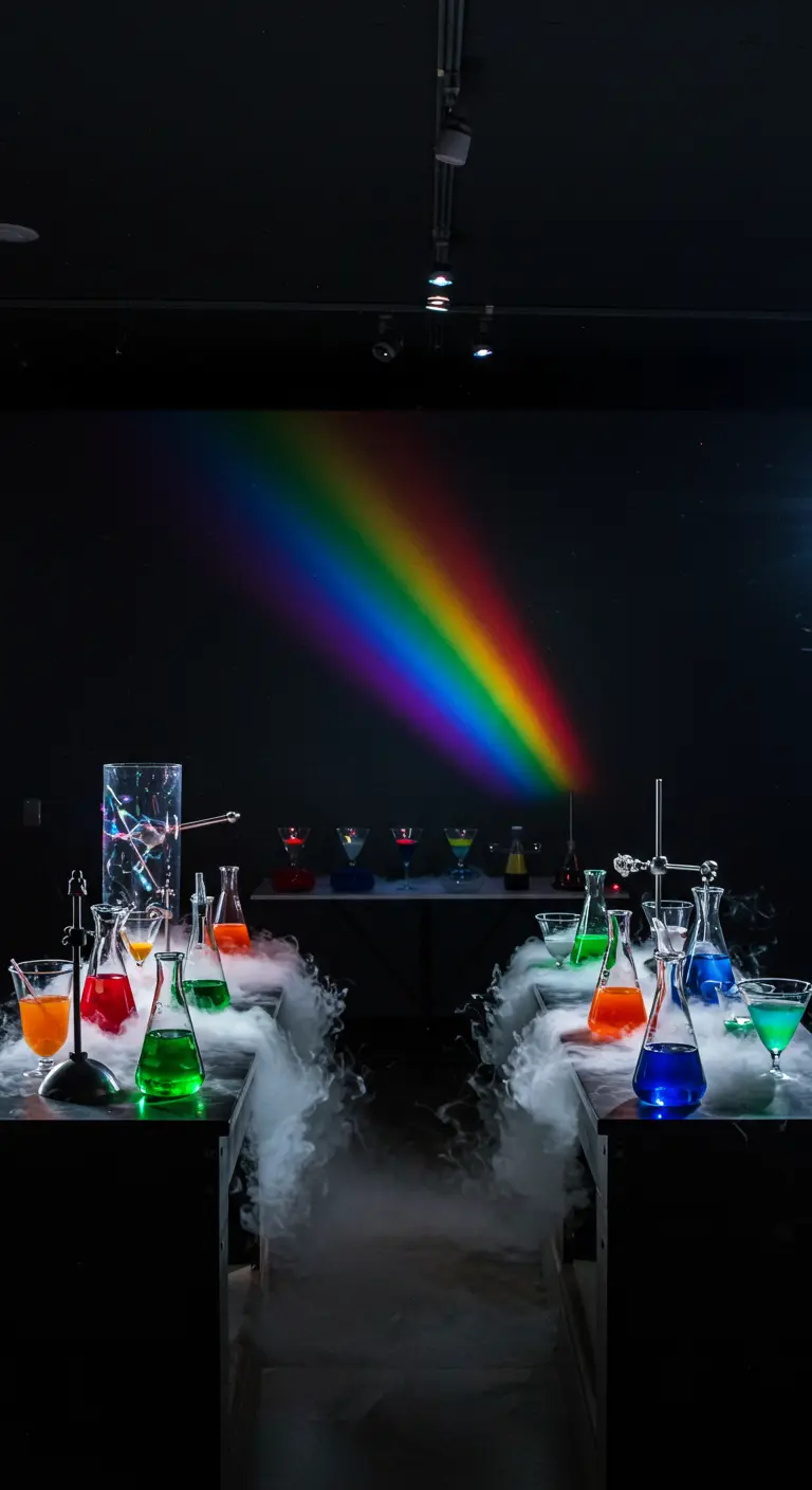 Un rayo de luz arcoíris proyectado en una pared oscura sobre una mesa de laboratorio.