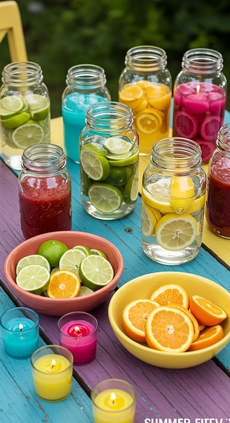 Frascos de vidrio llenos de rodajas de cítricos y agua de colores, sobre una mesa de madera pintada.