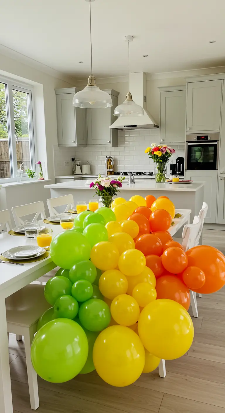 Guirnalda de globos en degradado de verde, amarillo y naranja sobre una mesa de cocina.