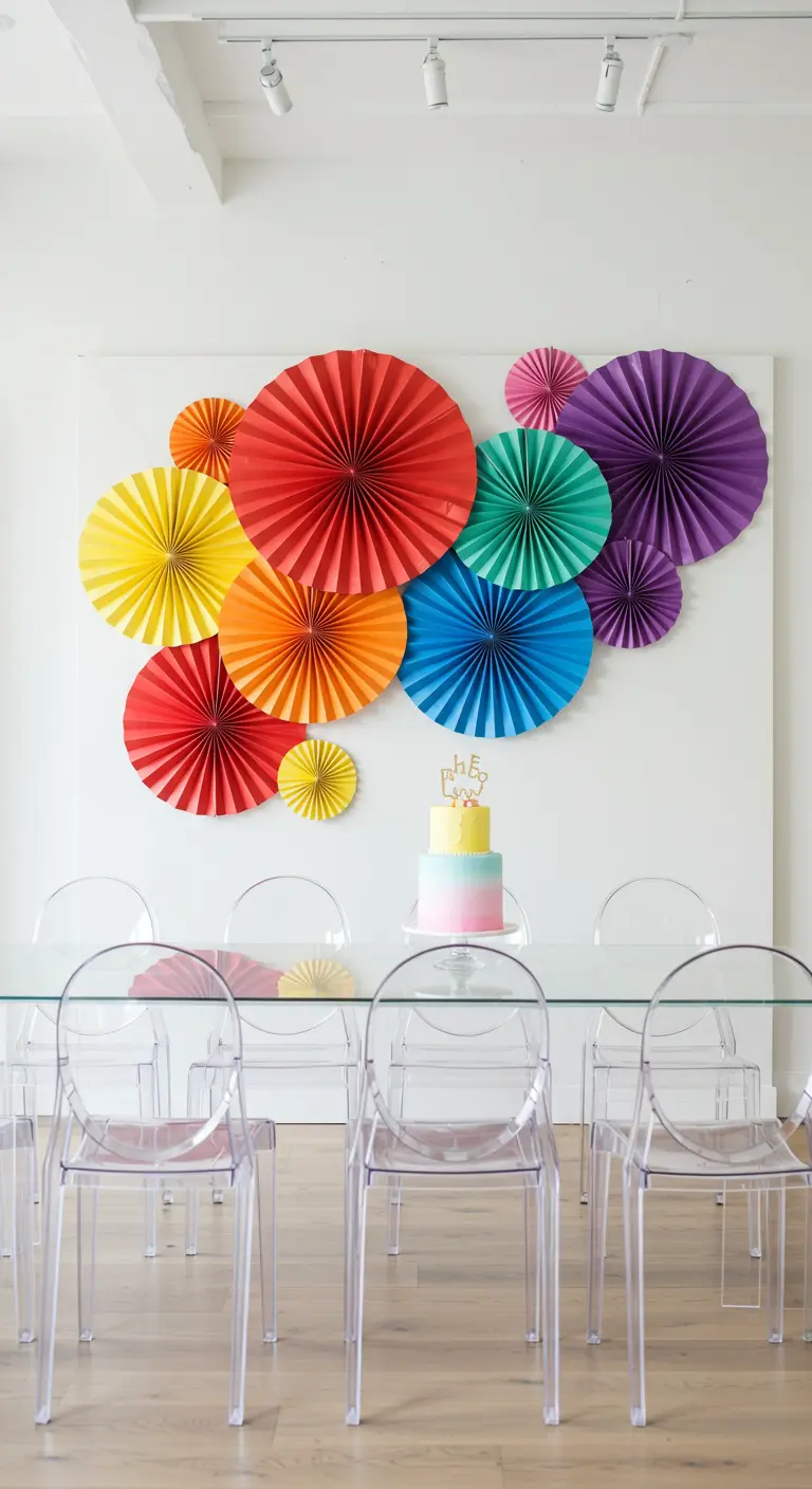 Pared blanca decorada con abanicos de papel de colores del arcoíris.