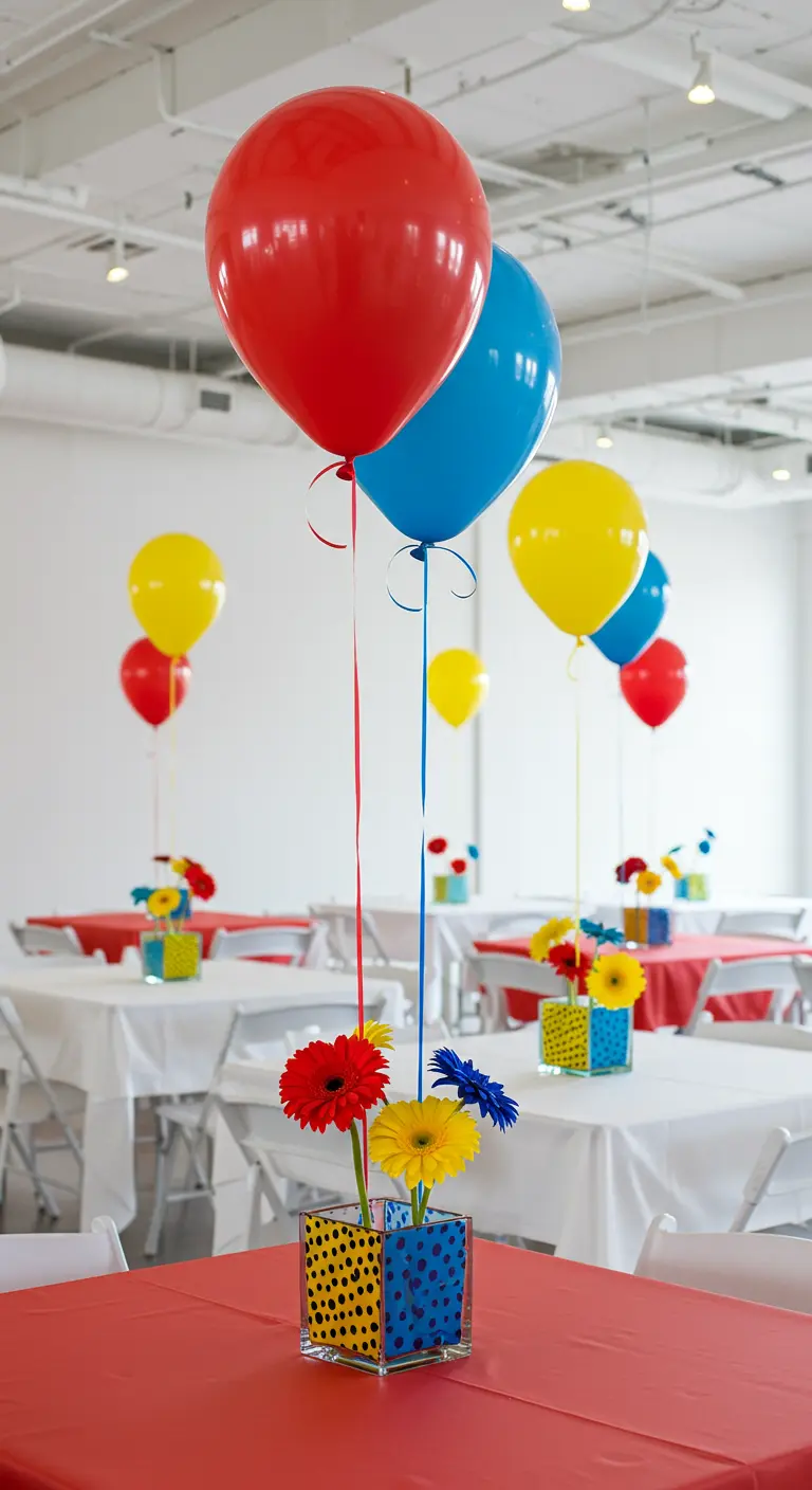 Centro de mesa con globos de colores primarios y gerberas en un jarrón de lunares.