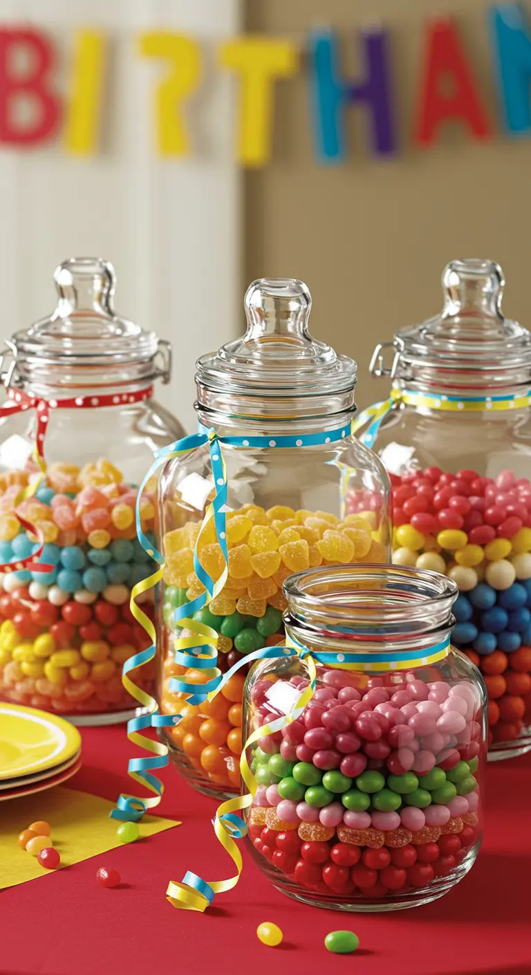 Varios frascos de vidrio llenos de capas de golosinas de colores vivos para una fiesta de cumpleaños.