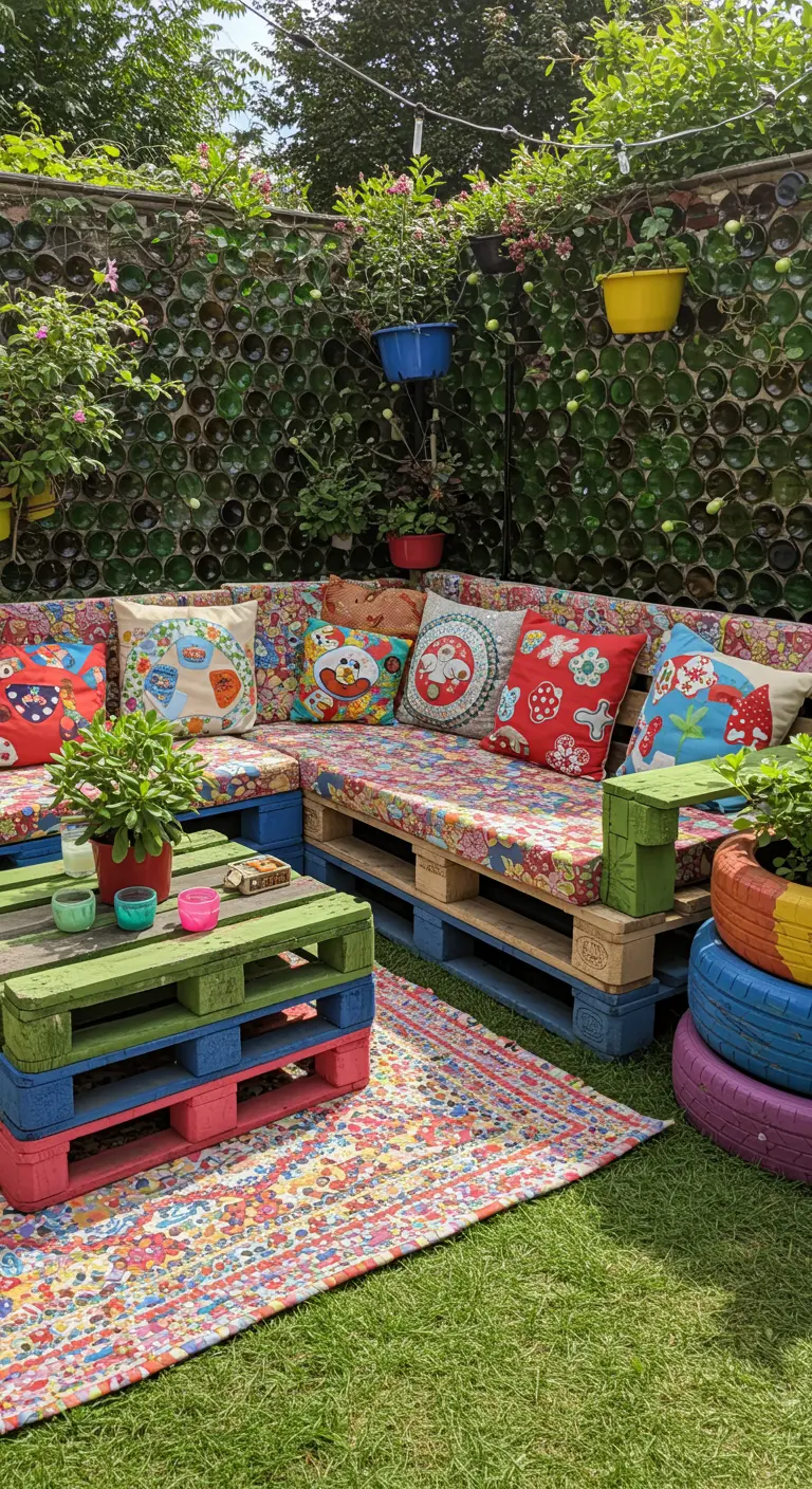 Patio DIY con sofás de palets tapizados, neumáticos de colores como macetas y un muro de botellas