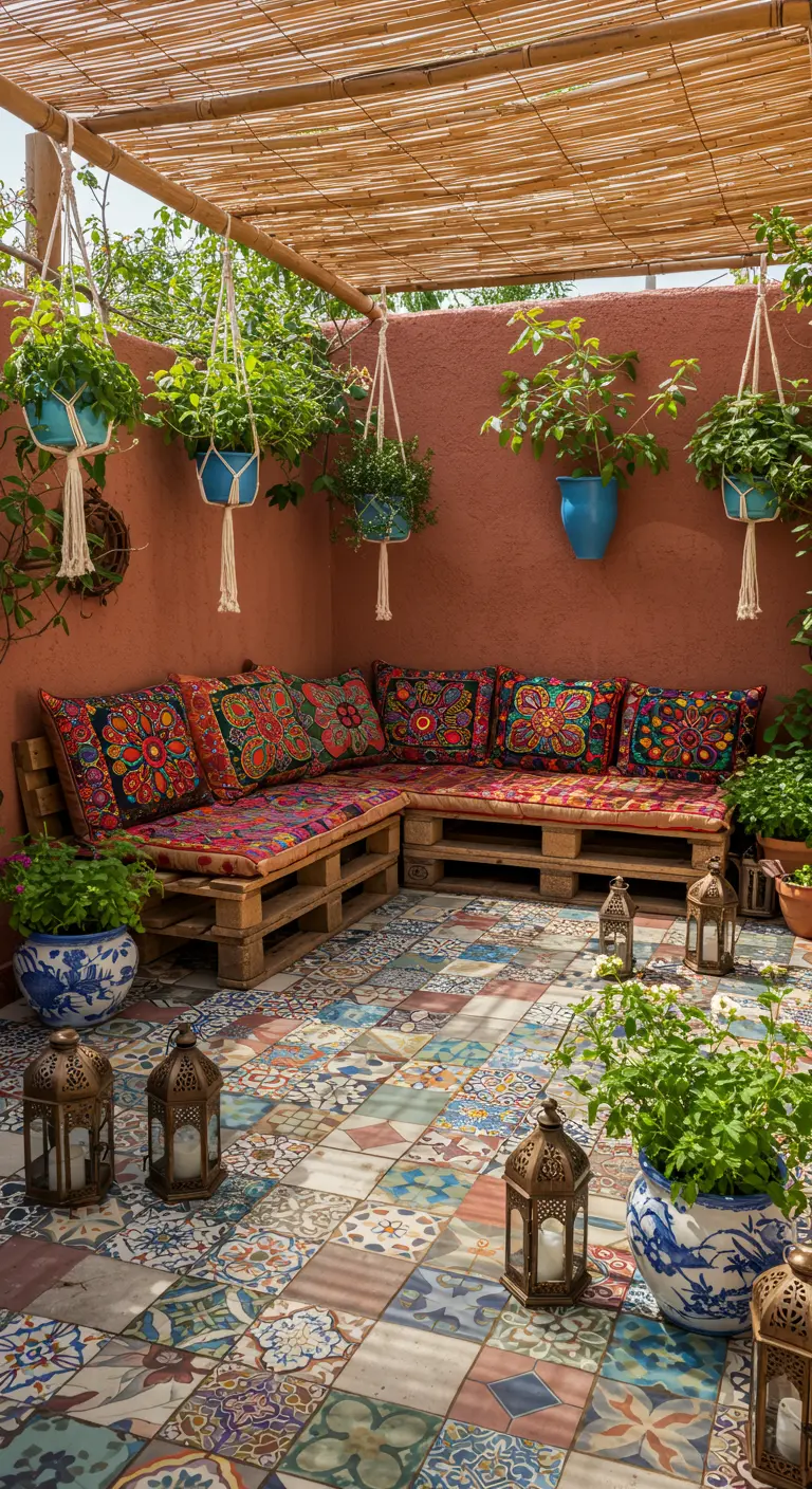 Patio bohemio con un sofá de palets cubierto de cojines coloridos y plantas colgantes.