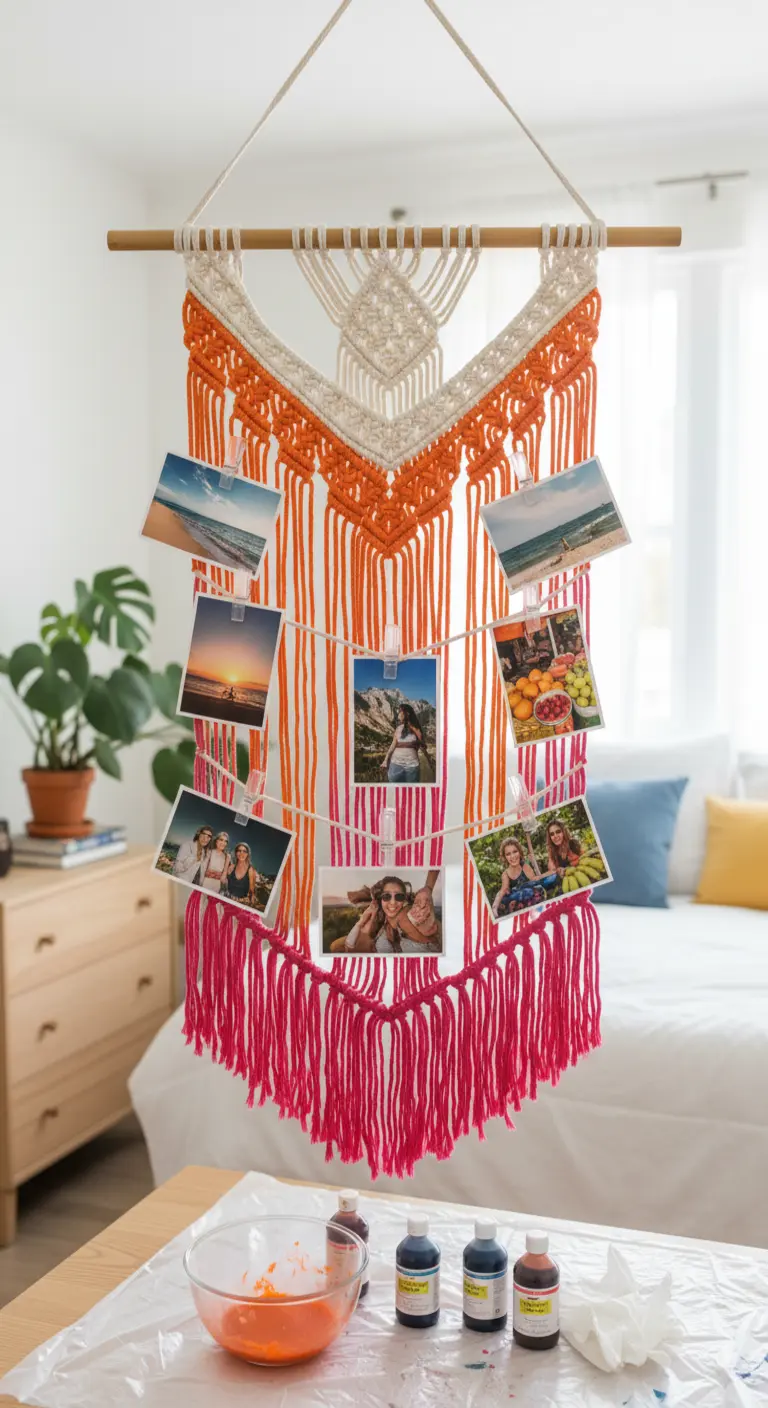 Colgador de fotos de macramé con un vibrante teñido en naranja y fucsia, sobre una mesa de trabajo.