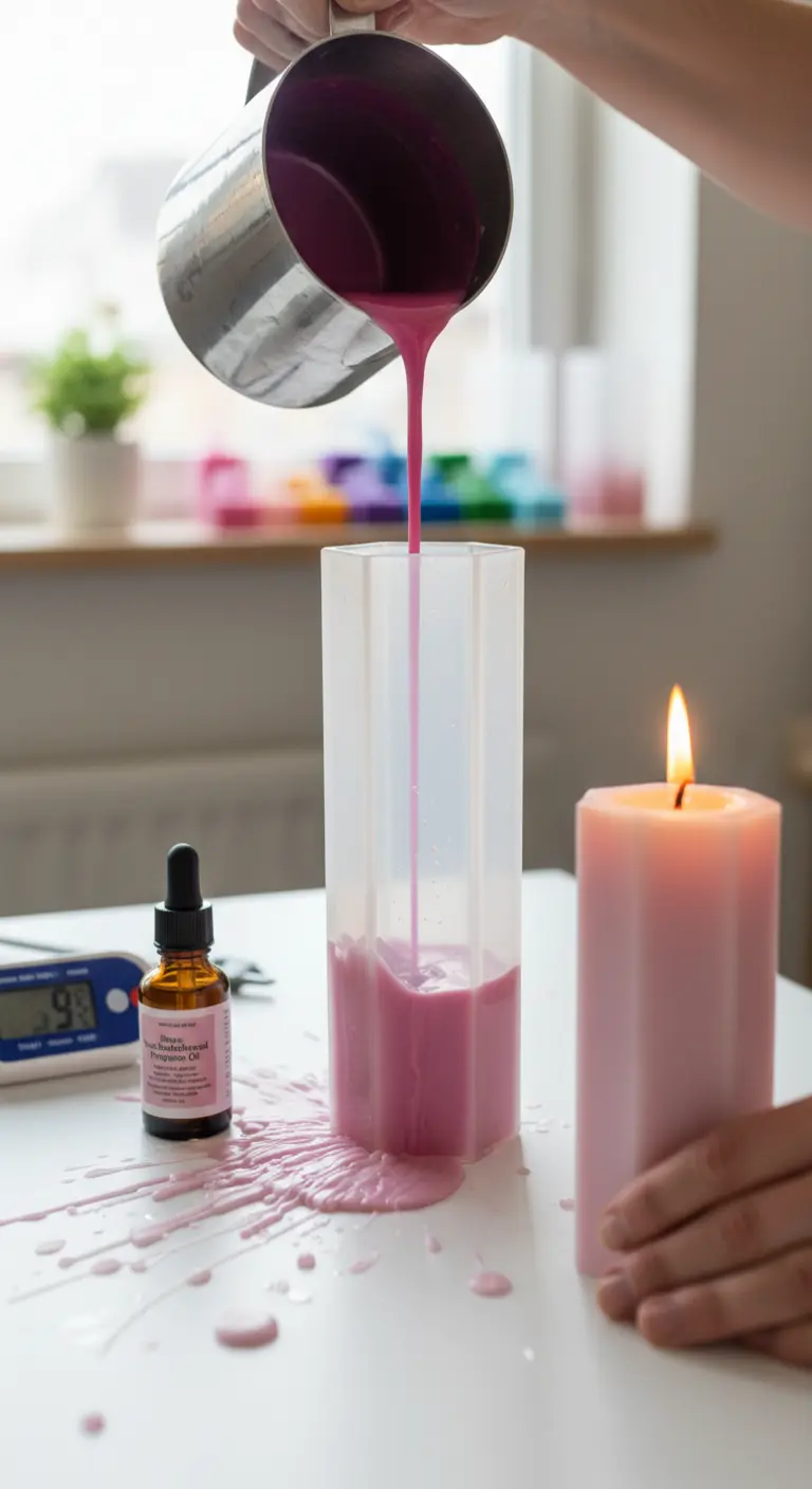 Persona vertiendo cera líquida de color fucsia en un molde para velas alto y hexagonal