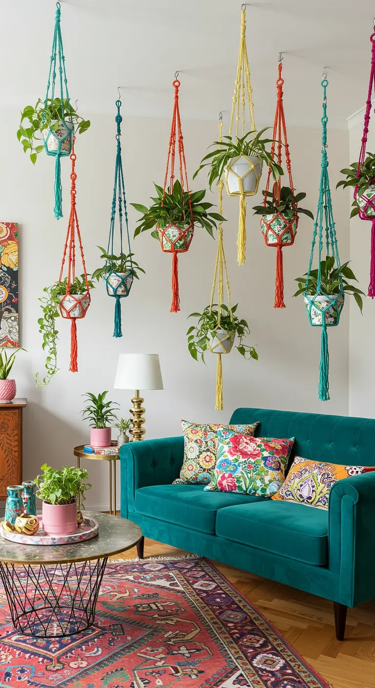Sala de estar bohemia con un sofá de terciopelo turquesa y muchas plantas en macramé de colores vivos