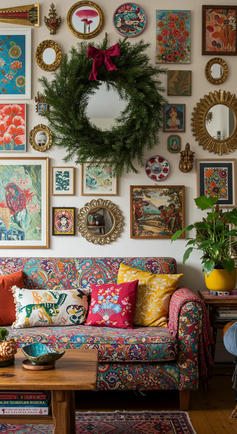 Salón bohemio con una pared de galería llena de cuadros donde destaca una corona de pino.