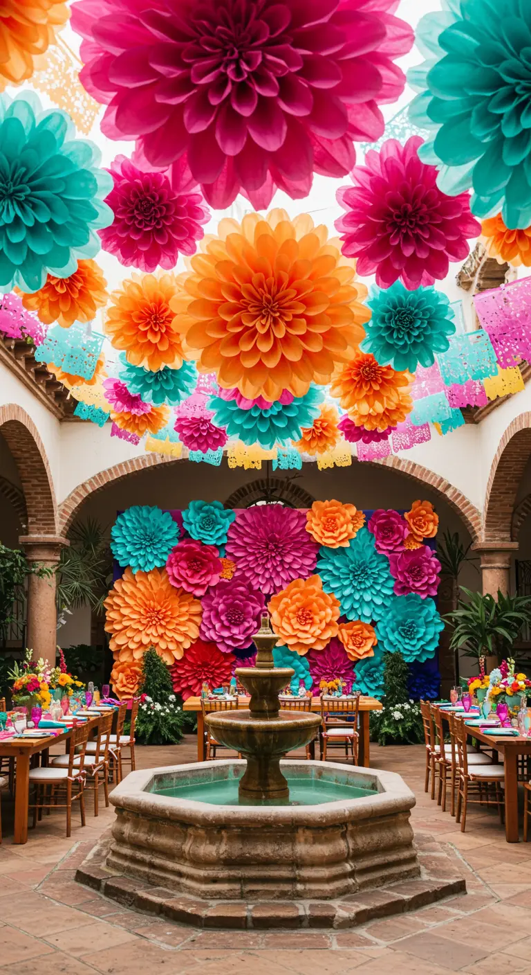 Patio de estilo colonial decorado para una fiesta con cientos de flores de papel de colores vibrantes.