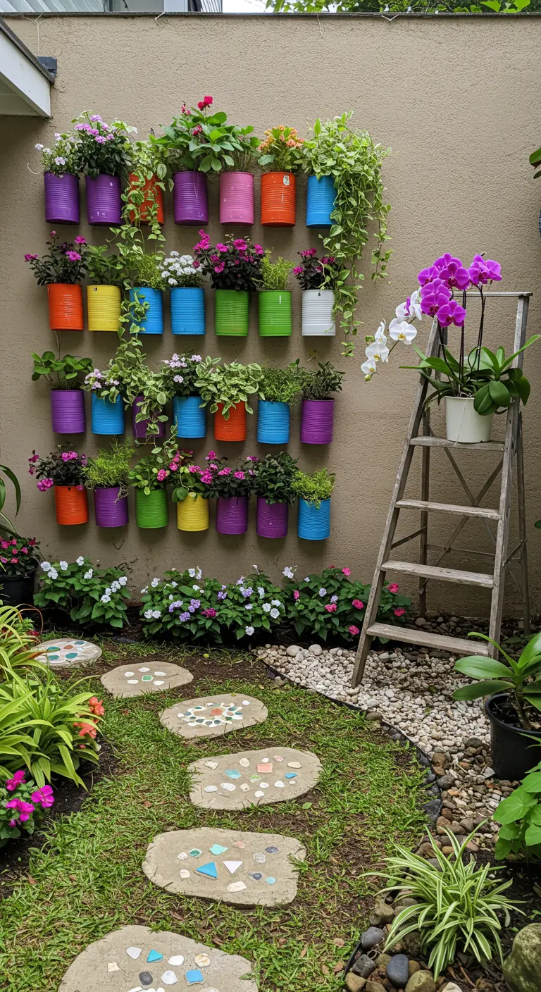 Pared decorada con un jardín vertical hecho de latas de colores recicladas llenas de flores.