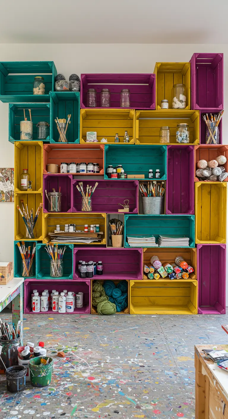Pared completa de cajas de madera de colores vivos para organizar material de arte.