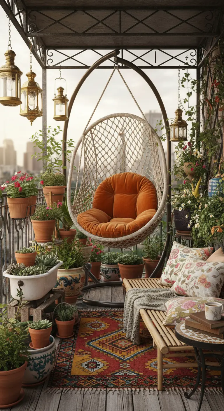 Balcón bohemio y recargado con un sillón colgante, muchas plantas, alfombras coloridas y faroles
