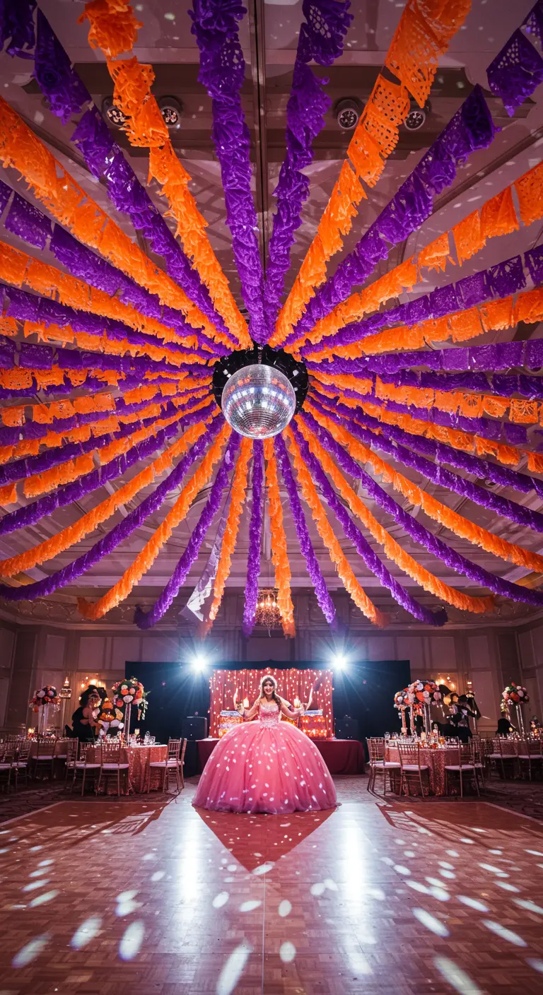 Salón de baile con una bola de espejos y papel picado naranja y morado irradiando desde el centro.
