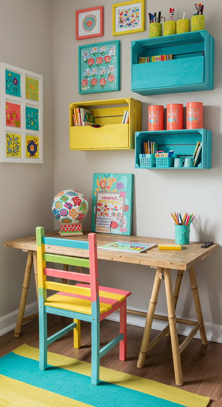 Rincón de estudio infantil colorido con muebles de madera y cajas recicladas en la pared.