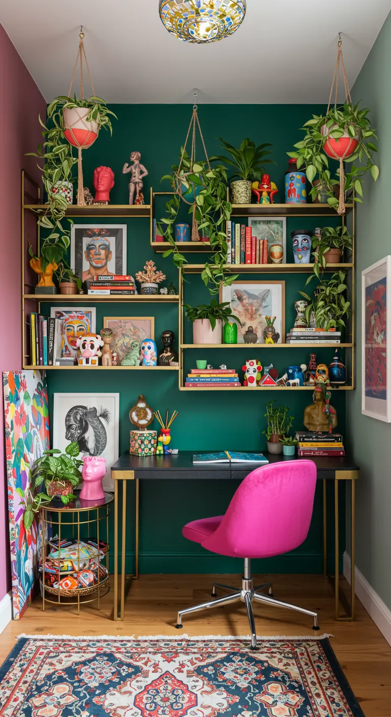 Oficina en casa maximalista y colorida con paredes verdes, estantería dorada y silla rosa.