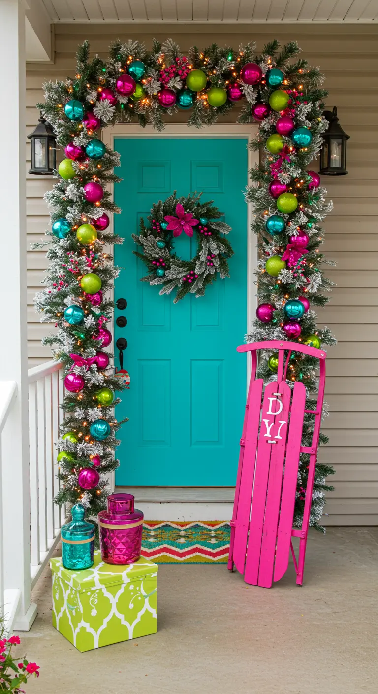 Porche navideño con decoración en colores vibrantes como fucsia, turquesa y verde lima.