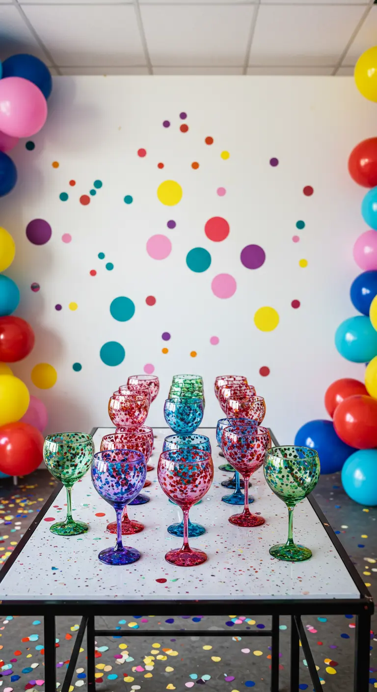 Copas de vino cubiertas de glitter multicolor sobre una mesa frente a una pared con lunares de colores.
