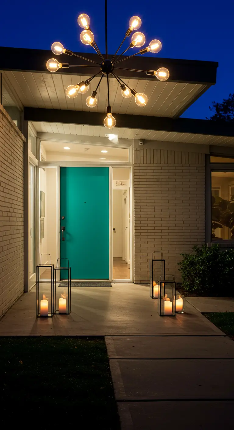 Entrada de casa Mid-Century con una lámpara de araña Sputnik y faroles modernos en el suelo.