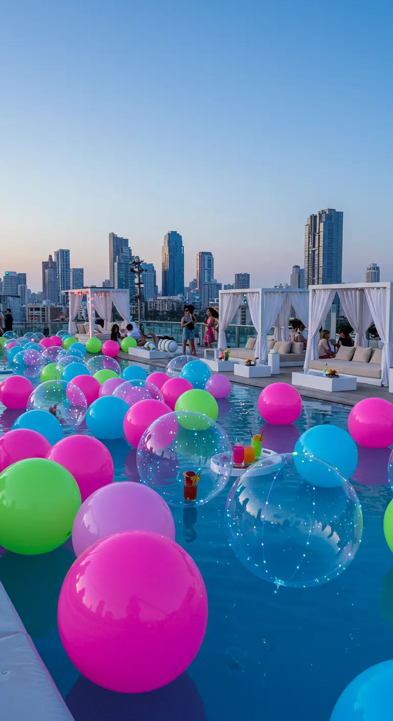 Piscina en una azotea llena de globos de colores neón y transparentes con luces.