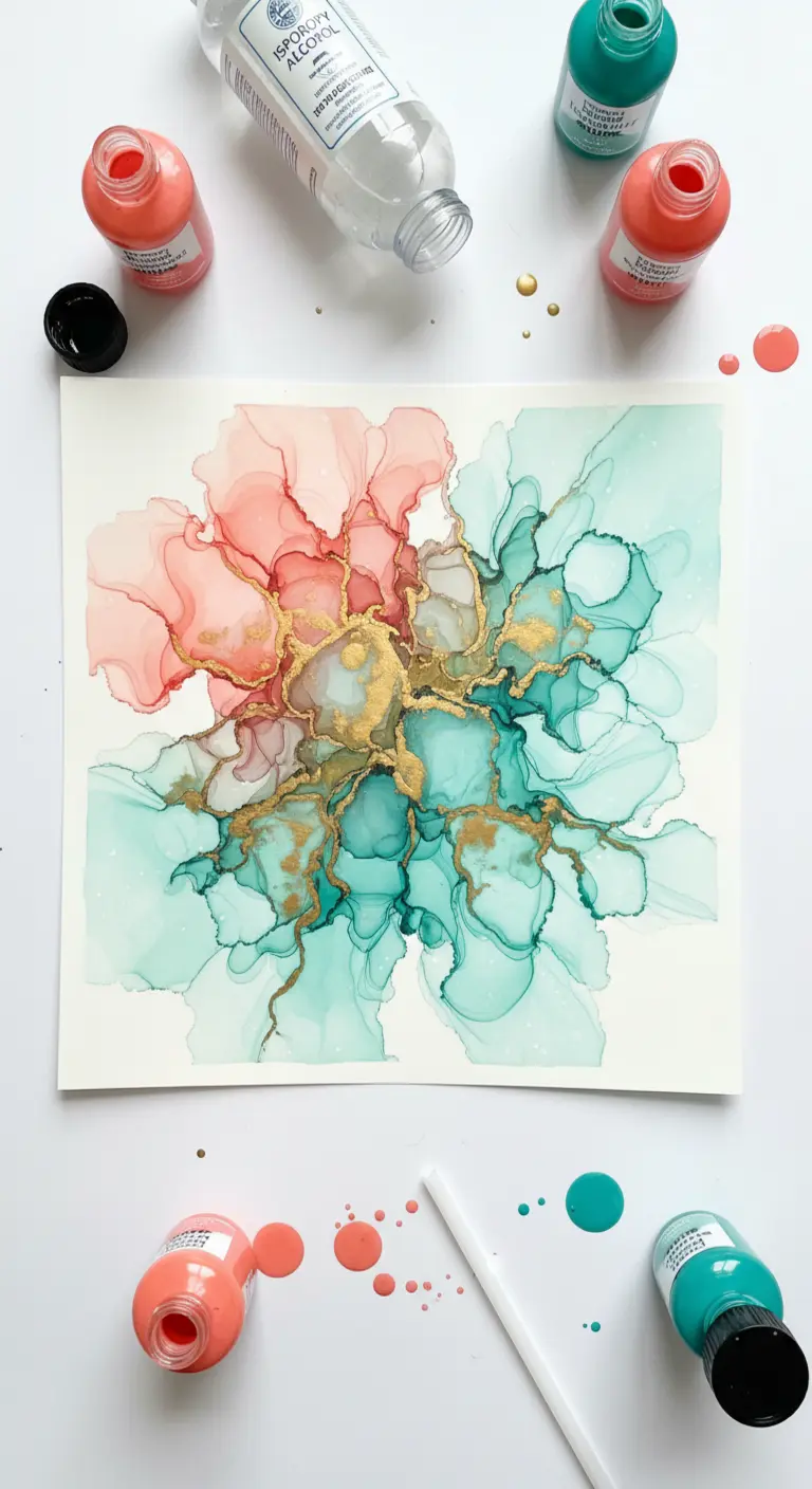 Arte abstracto con tinta de alcohol en tonos coral y turquesa con vetas doradas brillantes.