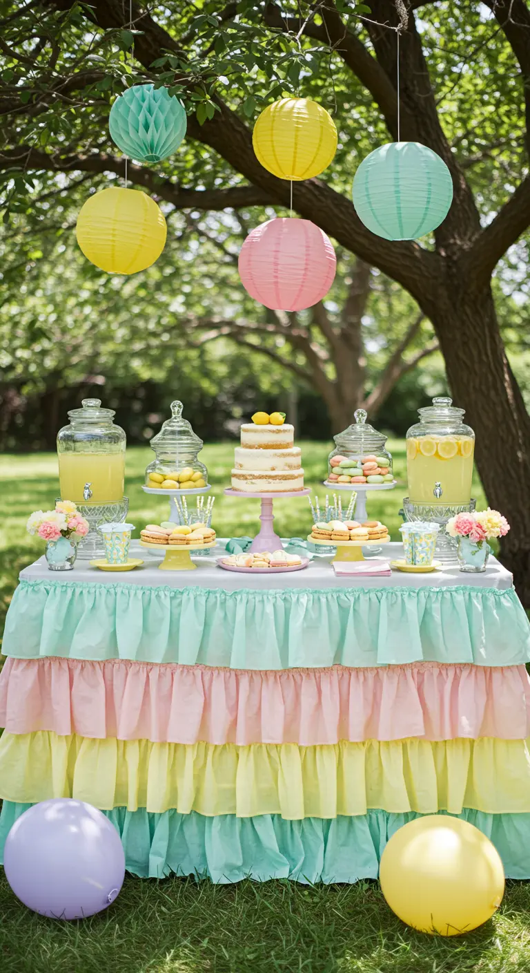 Mesa de postres en un jardín con mantel de volantes de colores pastel y farolillos de papel.