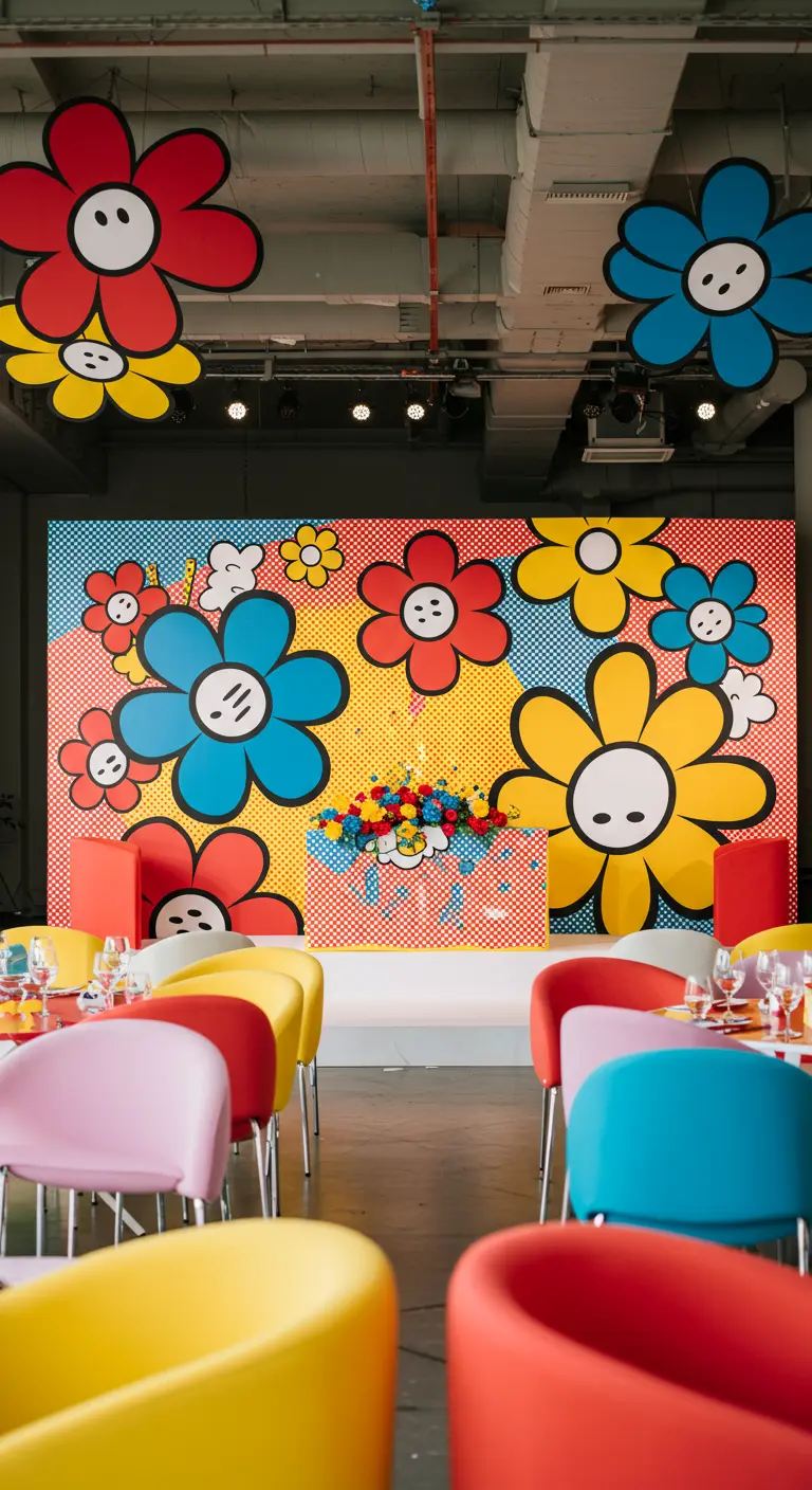 Pared de estilo Pop Art con flores gigantes de dibujos animados en colores primarios y puntos.