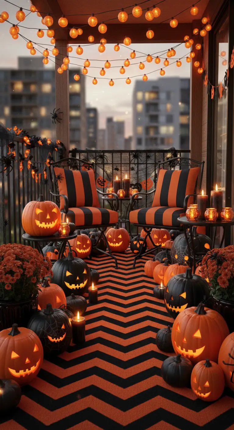 Balcón decorado en naranja y negro con cojines a rayas y una alfombra en zigzag.