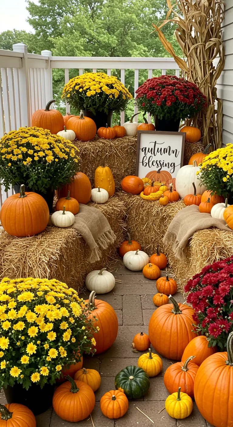 Decoración de otoño exuberante con balas de heno, calabazas y crisantemos de colores.