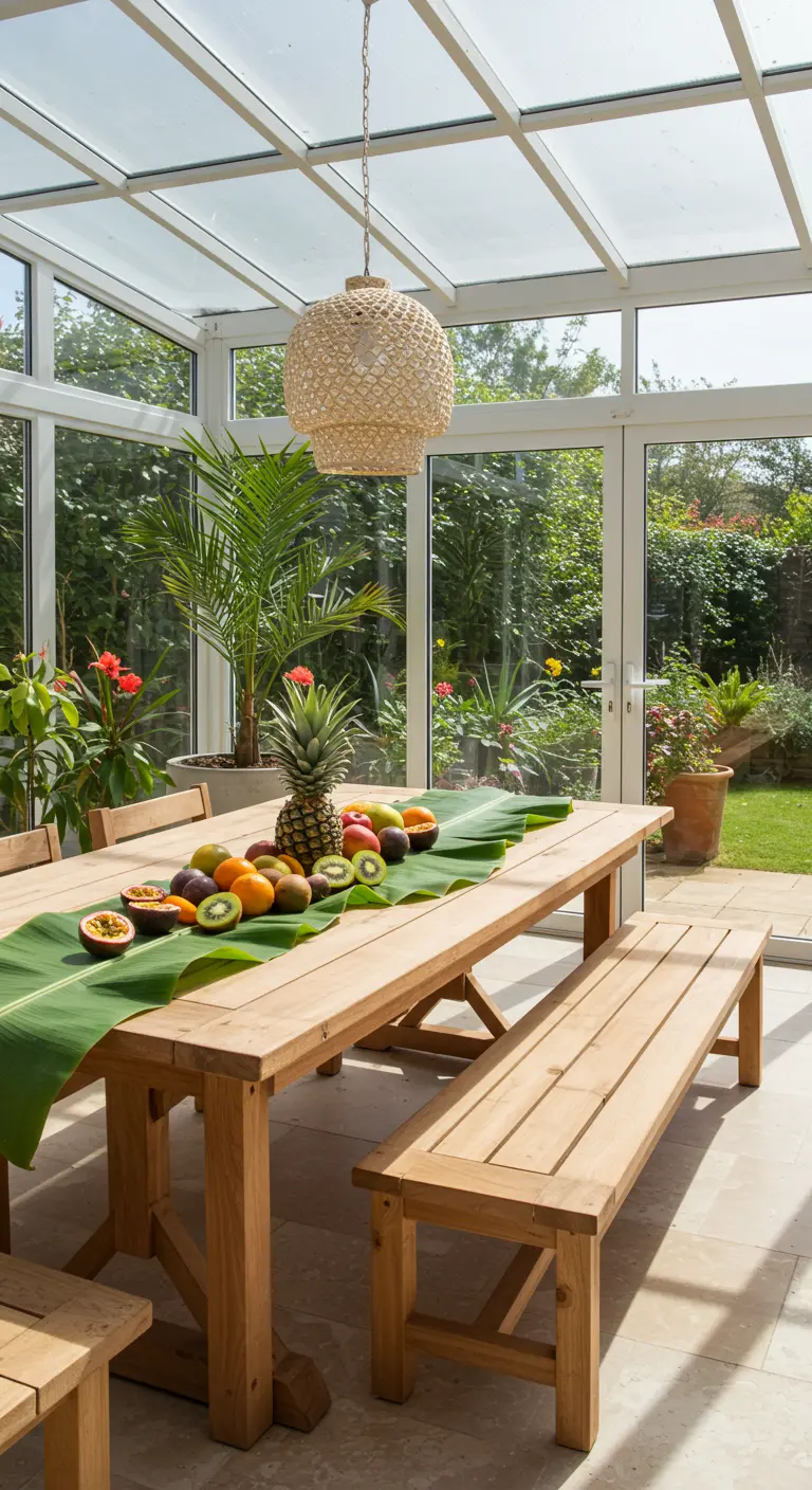Mesa de comedor en un invernadero con un camino de hojas de banano y frutas tropicales.