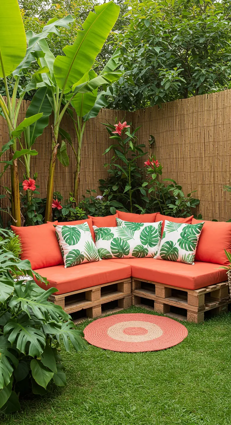 Sofá esquinero de palets de madera natural con cojines naranjas y de hojas tropicales en un jardín frondoso.