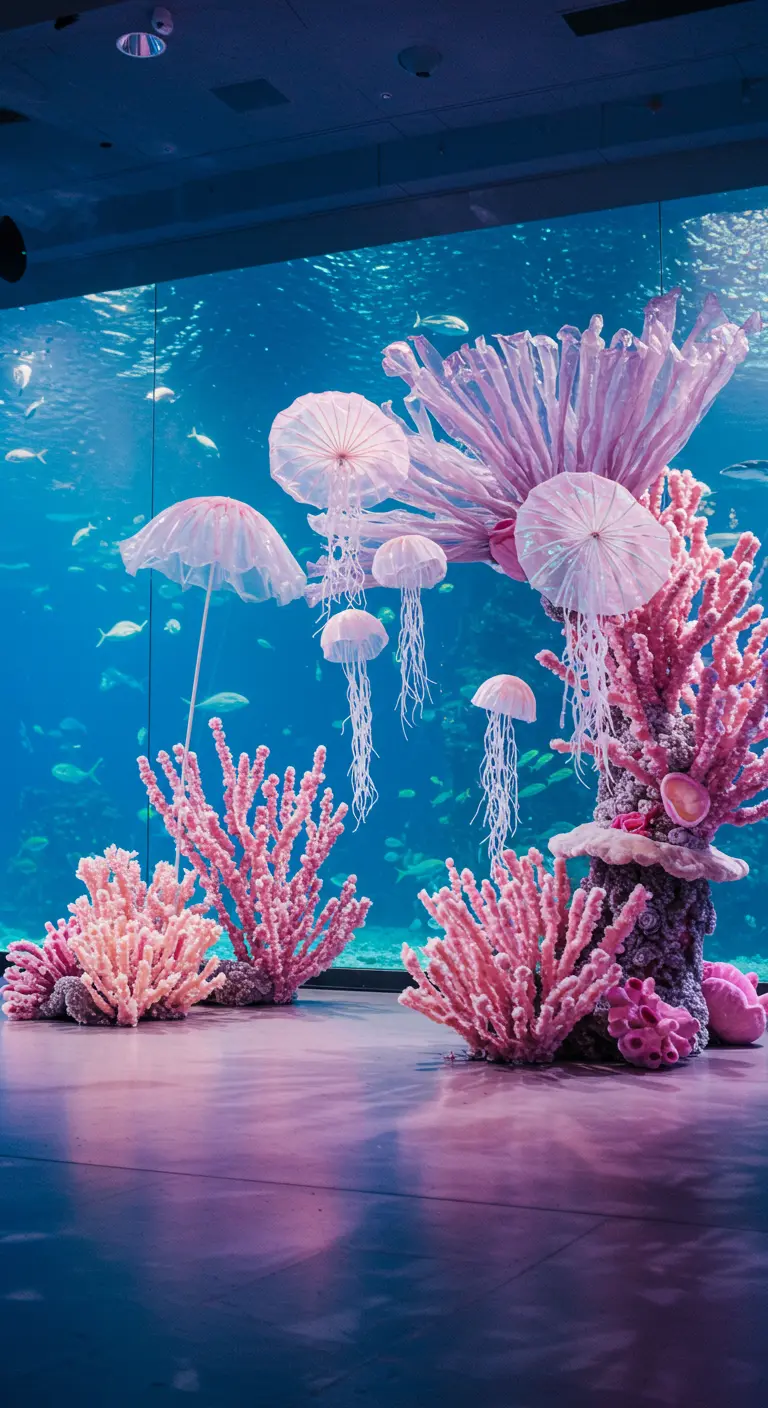 Instalación artística de medusas y corales rosados y luminosos frente a un gran acuario.