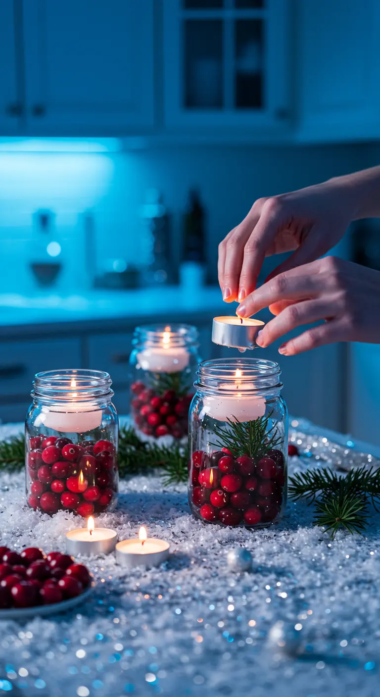Manos encendiendo una vela flotante en un frasco lleno de arándanos rojos y ramas de pino.