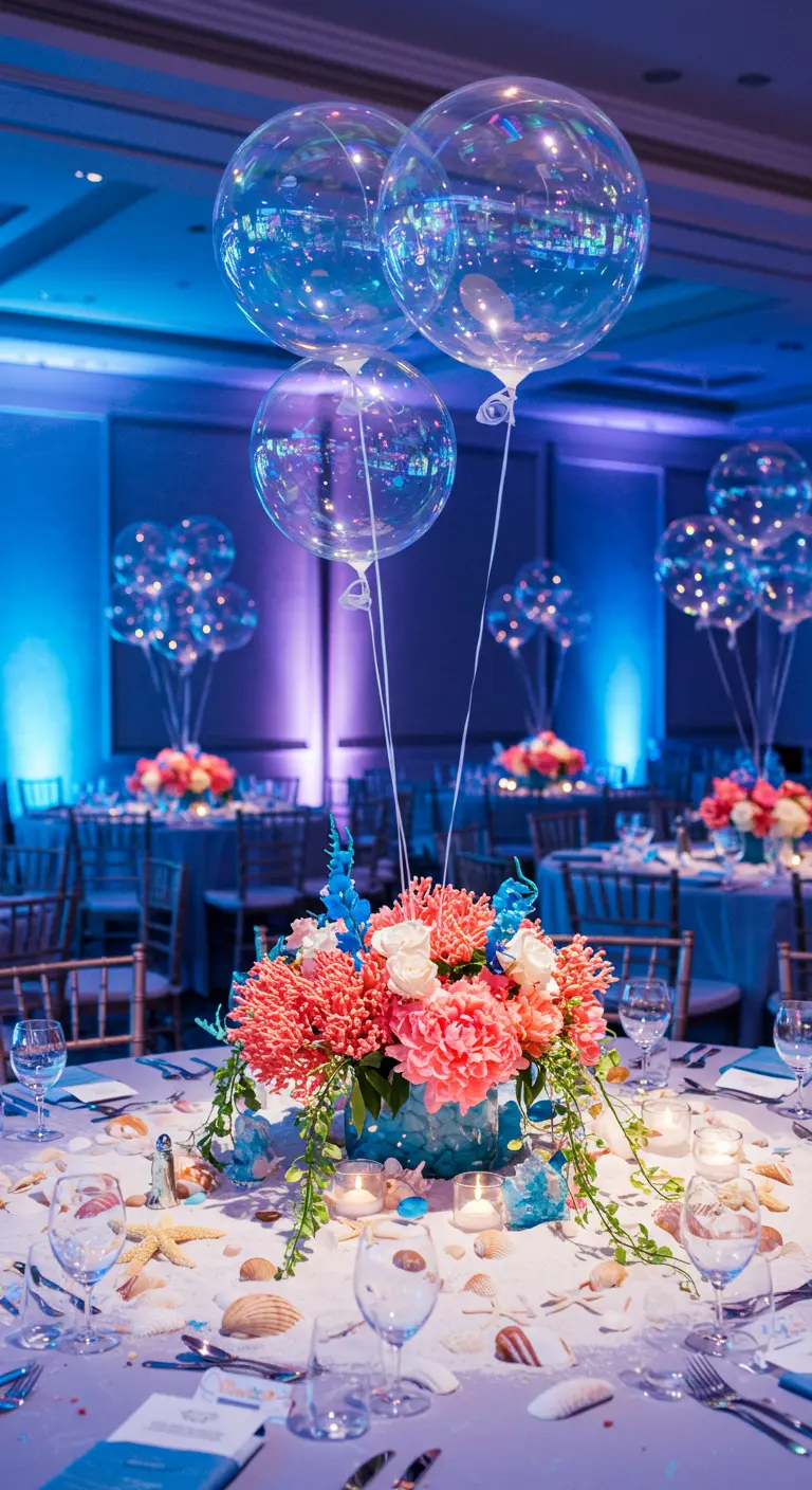 Centro de mesa marino con globos burbuja, flores de coral y conchas.