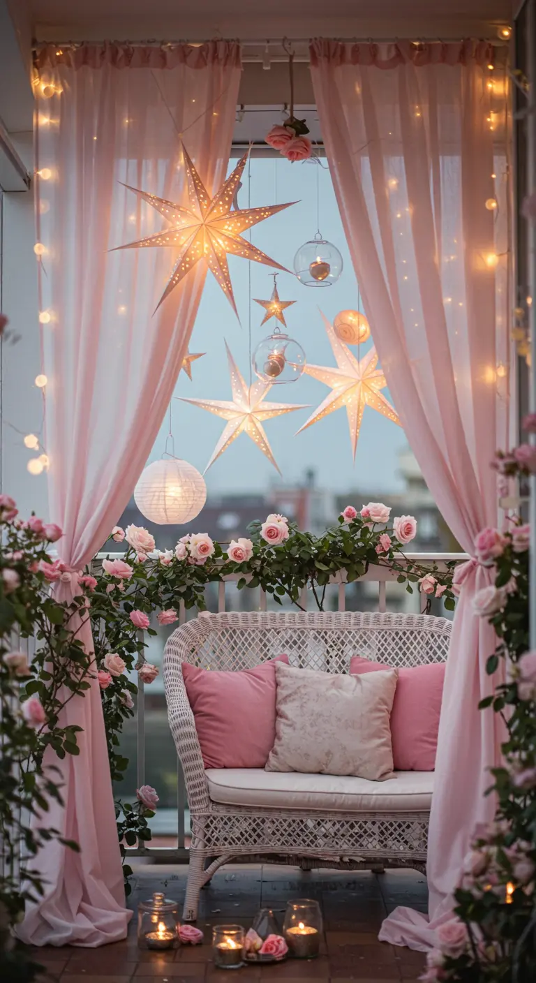Balcón de ensueño con cortinas rosas, estrellas luminosas, un sofá de mimbre y muchas rosas.