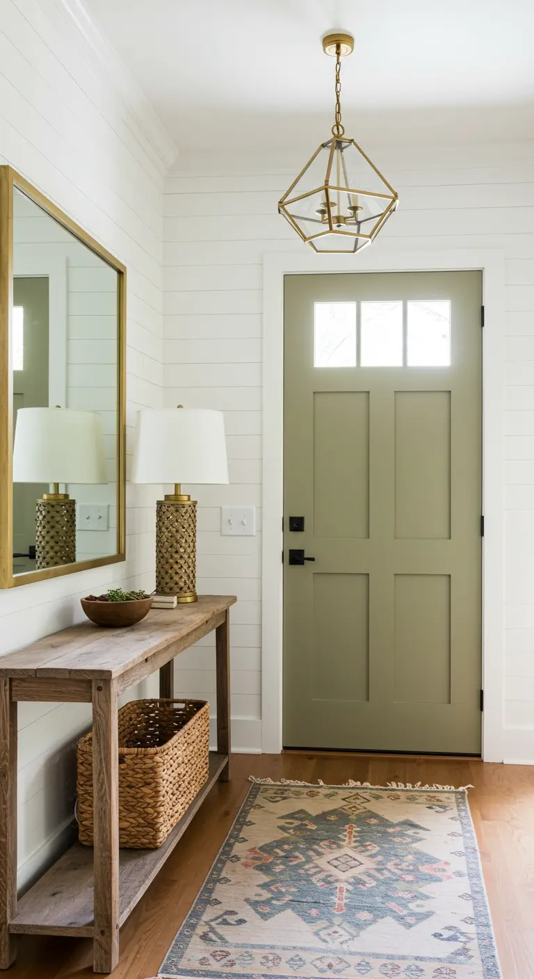 Recibidor farmhouse con puerta verde olivo, paredes blancas y lámpara dorada.