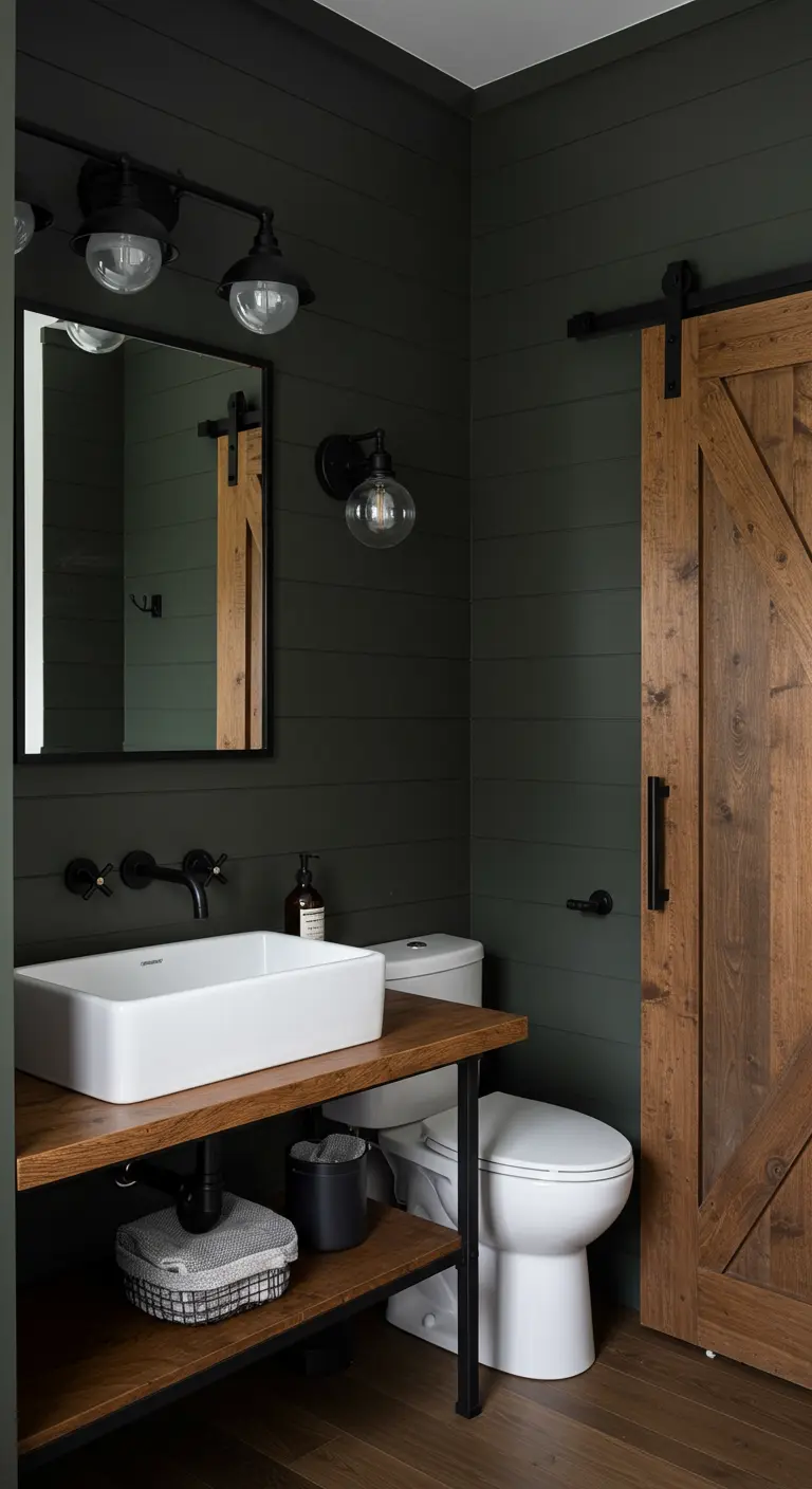 Baño de estilo farmhouse con paredes de shiplap verde, puerta de granero y encimera de madera.