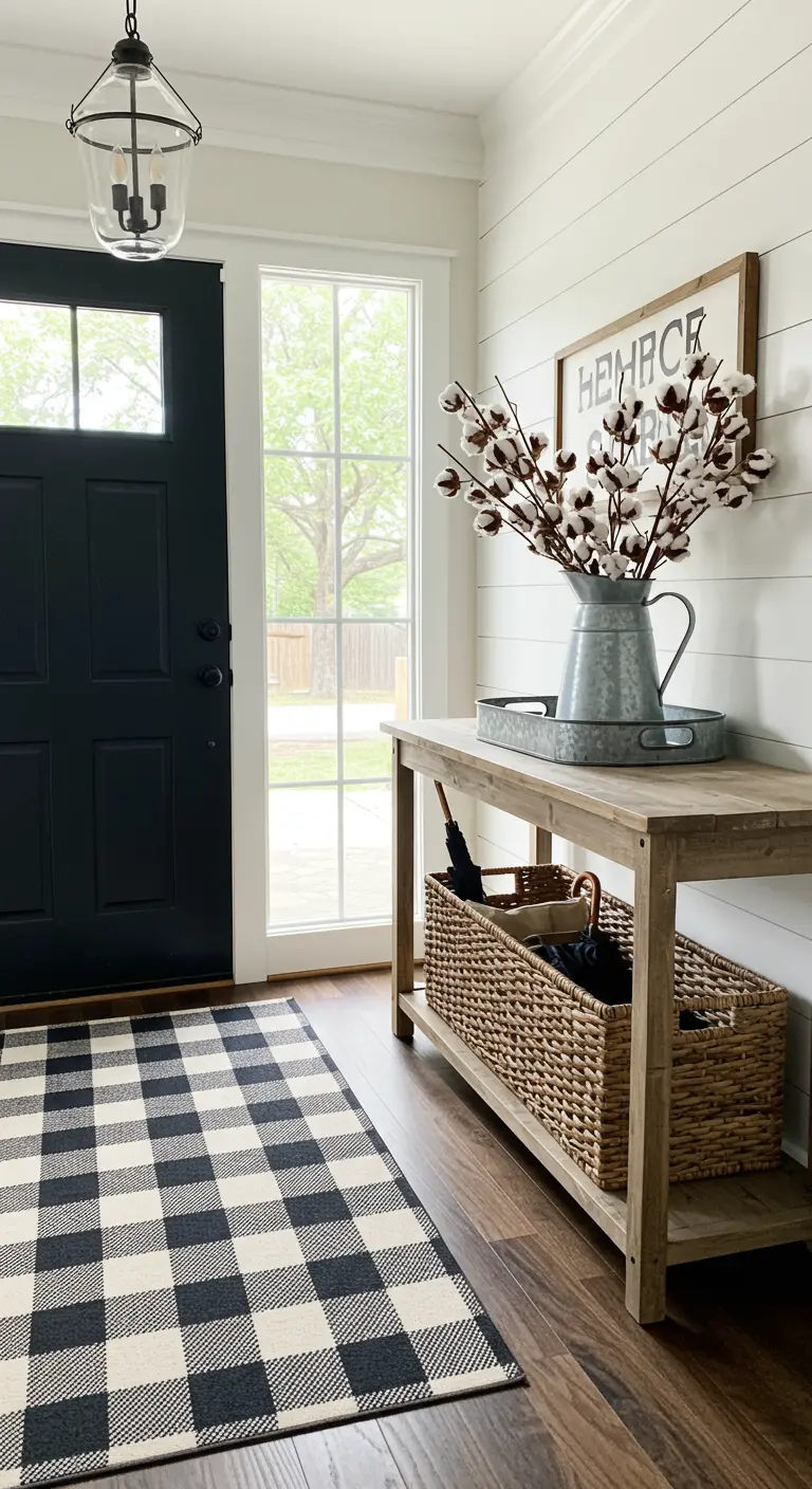 Recibidor farmhouse con pared de listones blancos, consola de madera y ramas de algodón.
