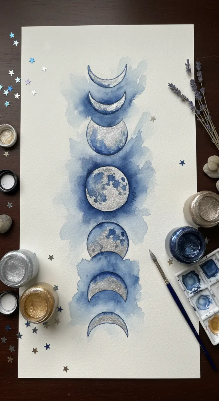 Pintura de las fases de la luna en acuarela azul con detalles en pintura plateada brillante.